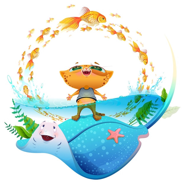 Vector fun red cat in striped vest swim in sea tropical sea summer paradise stingray and goldfish