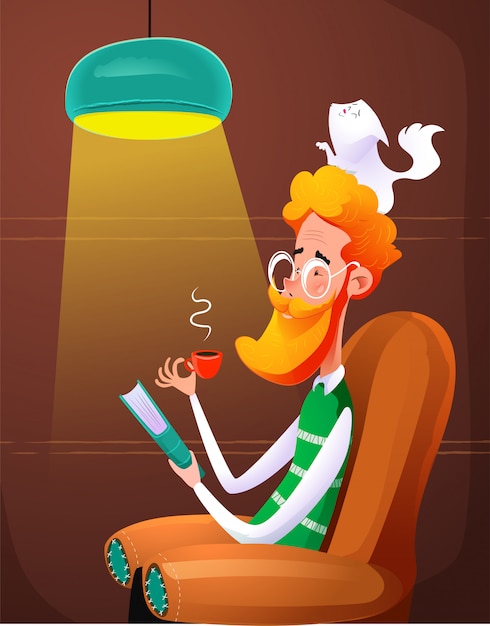 Vector fun redhead man read book sitting in chair.