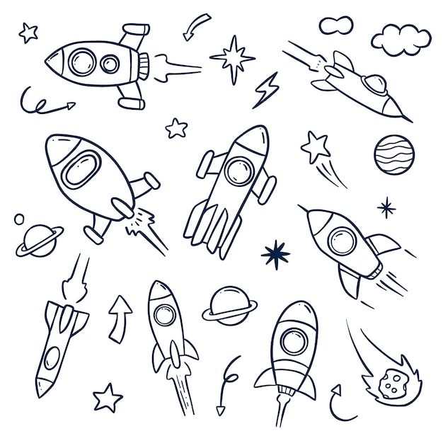 Vector fun rocket doodle hand drawing illustration set