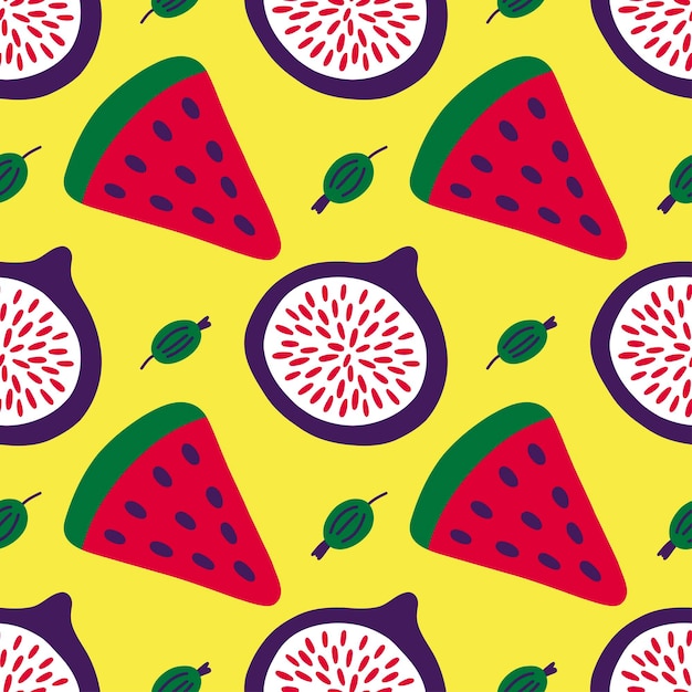 Fun seamless pattern with fruits. Creative 90s style background. Bright summer fruits illustration