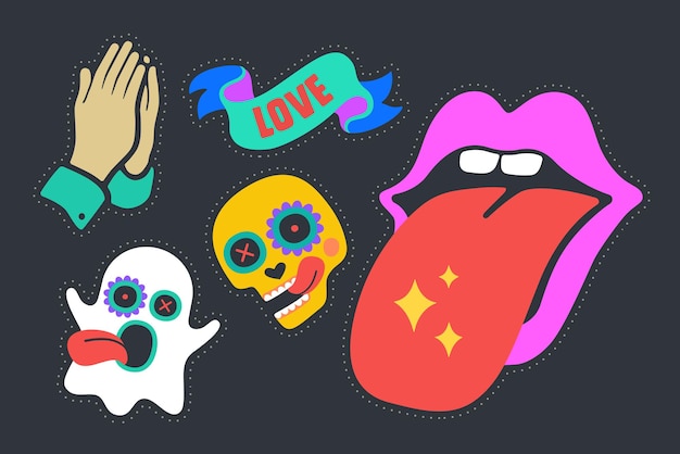 Fun Stickers. Colorful fun stickers - mouth with tongue, ribbon love, skull, ghost. Design cartoon stickers, pins, chic patches, badges isolated on dark background. Vector Illustration