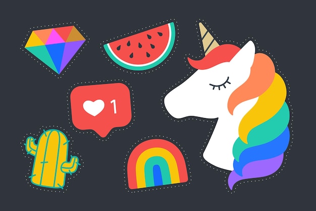 Fun Stickers. Colorful fun stickers - unicorn, crystal, rainbow, cactus, speech bubble like heart. Design cartoon stickers, pins, chic patches, badges isolated on dark background. Vector Illustration