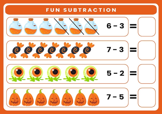Fun subtraction worksheet for kids theme halloween