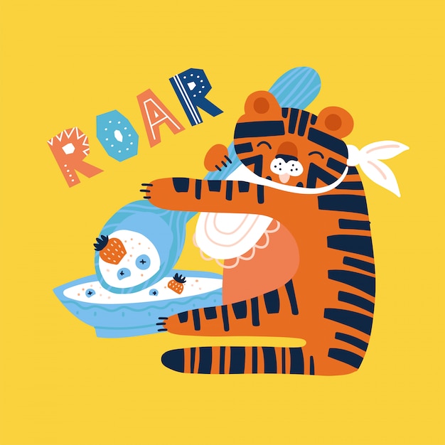 Fun tiger with spoon and plate eating porridge with berries. flat hand drawn illustration. roar doodle lettering quote.