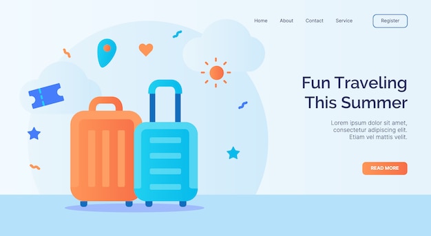 Divertimento in viaggio questa campagna icona valigia estiva per sito web home page banner modello di atterraggio home page con stile piano del fumetto.