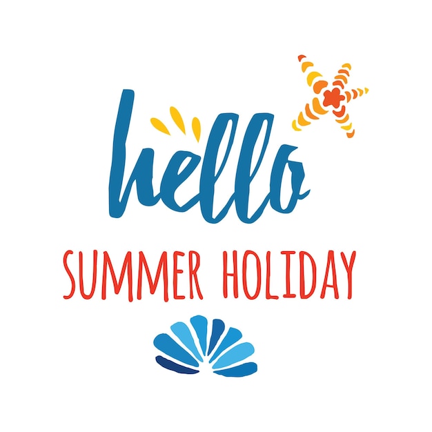 Banner tipografico divertente con conchiglie colorate disegnate a mano e testo hello summer holiday su bianco