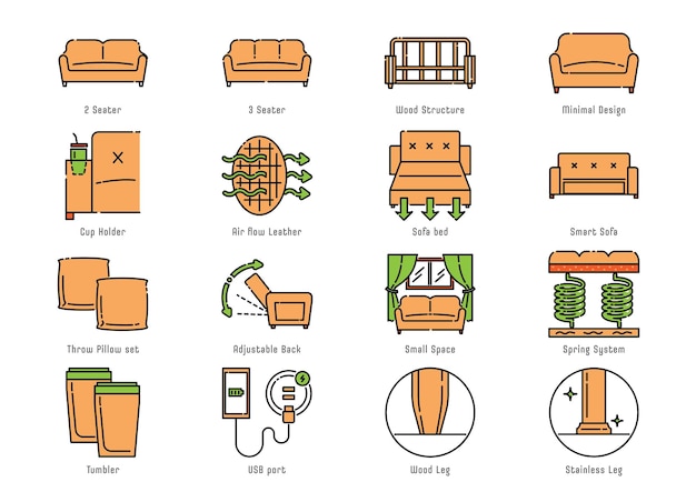 Functional sofa icon set