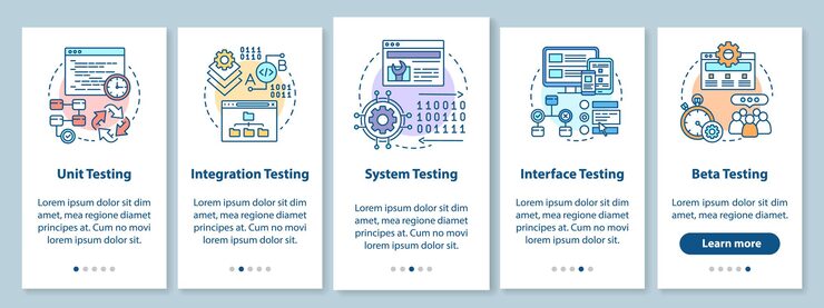 Vector 功能性軟件測試:使用線性概念的移動應用程式頁面螢幕程序可用性分析步驟圖形說明 ux ui gui 矢量模板和插圖