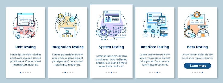 Vector functional software testing onboarding mobile app page screen with linear concepts. progam usability analysis walkthrough steps graphic instructions. ux, ui, gui vector template with illustrations