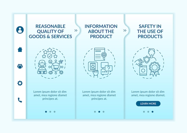 Fundamental client rights onboarding vector template. responsive mobile website with icons. web page walkthrough 3 step screens. safety in products usage color concept with linear illustrations