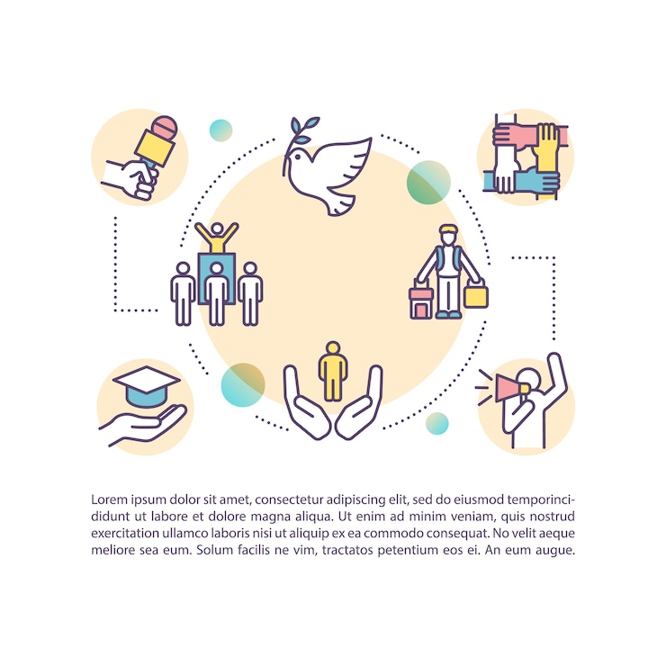 Vector fundamental freedoms concept icon with text. human rights. freedom to movement and thought. ppt page  template. brochure, magazine, booklet  element with linear illustrations