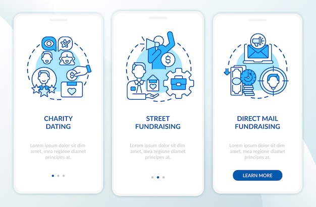 모바일 앱 페이지 화면 온보딩 기금 모금 행사. 개념이 포함된 3단계 그래픽 지침을 통한 거리 모금 연습. 선형 컬러 일러스트레이션이 있는 Ui, Ux, Gui 벡터 템플릿