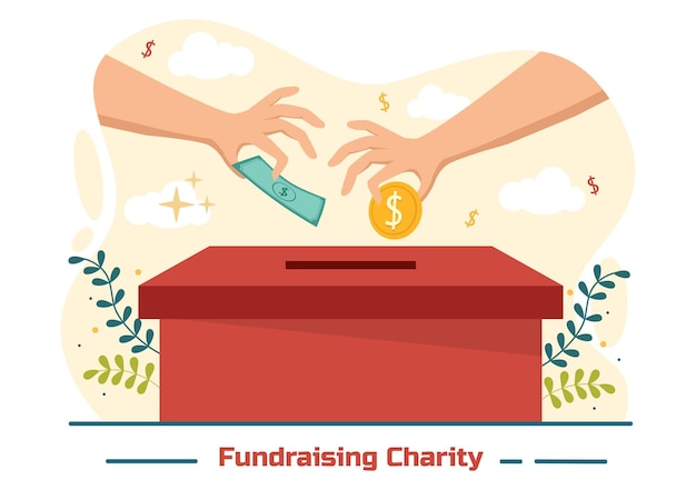 Vector fundraising charity and donation illustration with volunteers putting coin or money in donate box