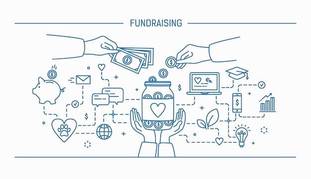 Fundraising. line art flat contour illustration.