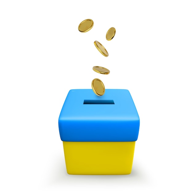 Fundraising for victims of the war in Ukraine Falling gold coins into donation box colour in national Ukrainian flag Vector illustration