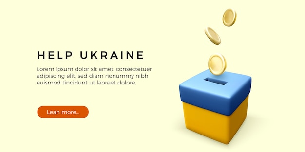 Fundraising for victims of the war in ukraine template or web banner falling gold coins into donation box colour in national ukrainian flag vector illustration