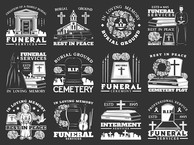 Funeral and burial cremation service icons