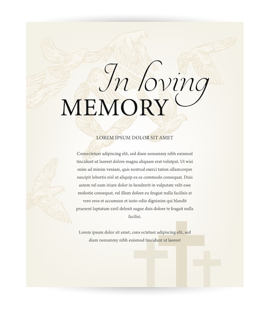 Funeral card  template, vintage condolence obituary with typography in loving memory, cemetery christian crosses and flying doves above graveyard. Obituary memorial, funeral card, necrologue