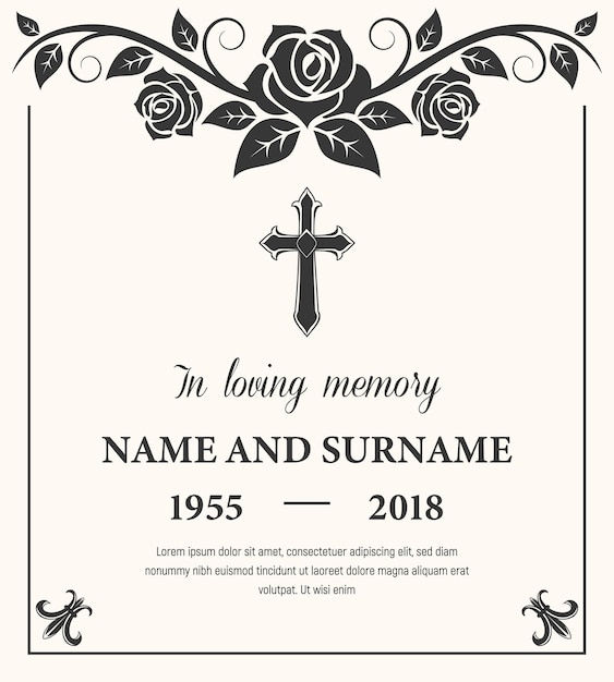 Funeral card vector template with flower ornament