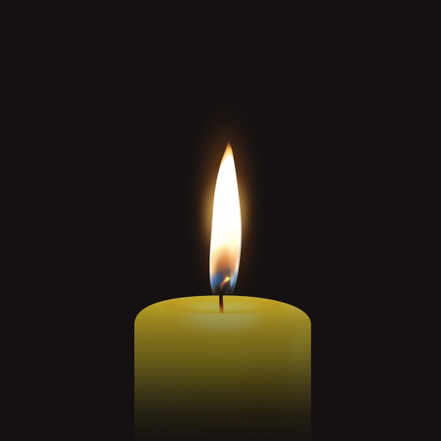 Scheda funebre con singolo 3d realistico giallo arancio paraffina candela che brucia primo piano