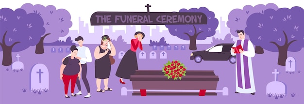 Vector funeral ceremony on cemetery with weeping people standing with flowers around the coffin