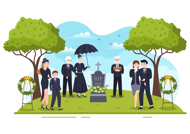 Funeral ceremony in grave of sad people in black clothes standing in flat illustration