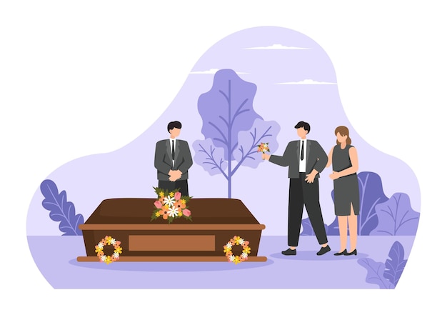 흑색 옷을 입은 슬픈 사람들이 평평한 만화 배경에서 관 주위의 꽃받침과 함께 무덤 에 서 있는 장례식 터 일러스트레이션