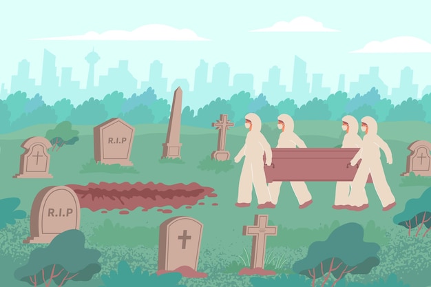 funeral covid flat composition with outdoor view of cemetery with cityscape and people in protection suits