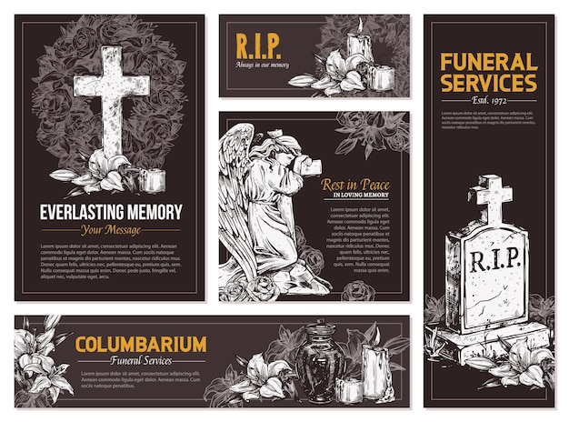 Vector funeral service  hand drawn set of banners set