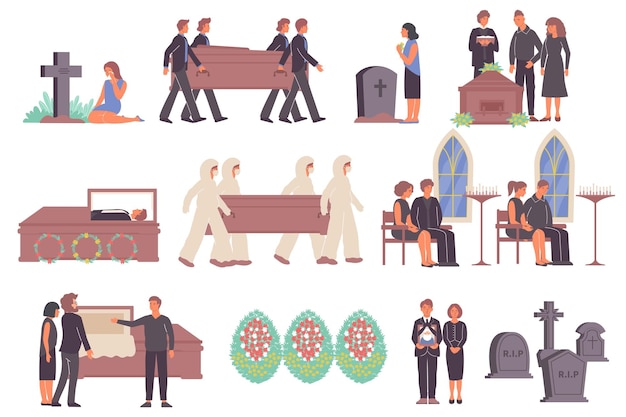 Funeral services set with flat icons and isolated images of graves burial wreath and human characters vector illustration