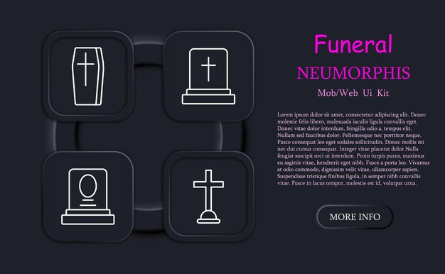 Funeral set icon Grave cross Christianity faith burial mourners ritual casket coffin neomorphism traditions temple funeral slab Obsequies concept