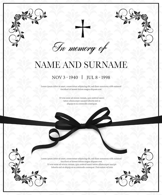 Funeral vector card with vintage obituary template