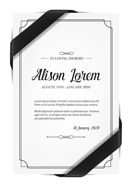 Funerary card with obituary condolence and mourning ribbon.