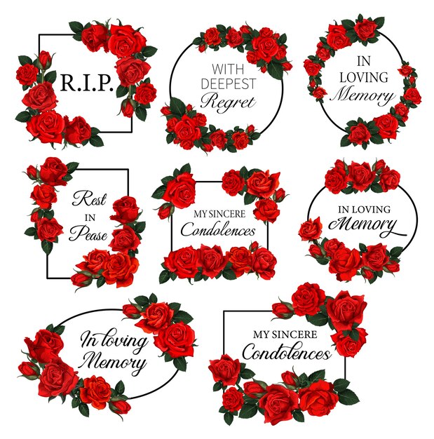 Funereal frames with red roses flowers