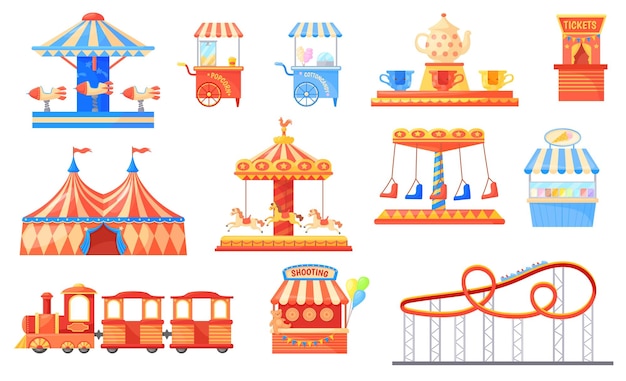 Ярмарочные карусели Парк развлечений на ярмарочной площади с конными каруселями, веселые аттракционы и американские горки, карнавал, цирковая палатка, детский поезд, фэнтези, игровая площадка, векторная иллюстрация парка каруселей ярмарки