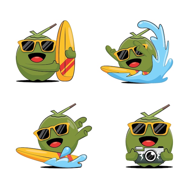 Funky coconut character surving and photography vector design