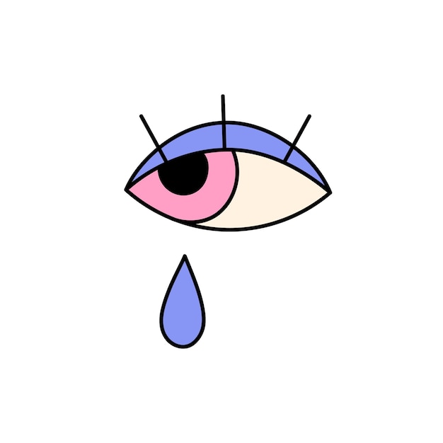 Funky crying eye groovy eyeball with drop of tears comic sad emoji on sticker in retro style design element with hippie aesthetics of 70s flat isolated vector illustration on white background