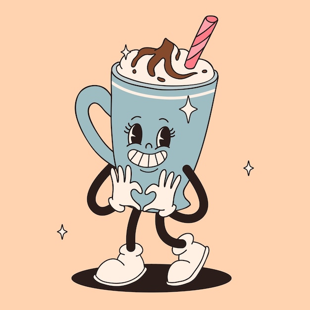 Funky groovy cartoon character Coffee sticker Vintage funny mascot with psychedelic smile