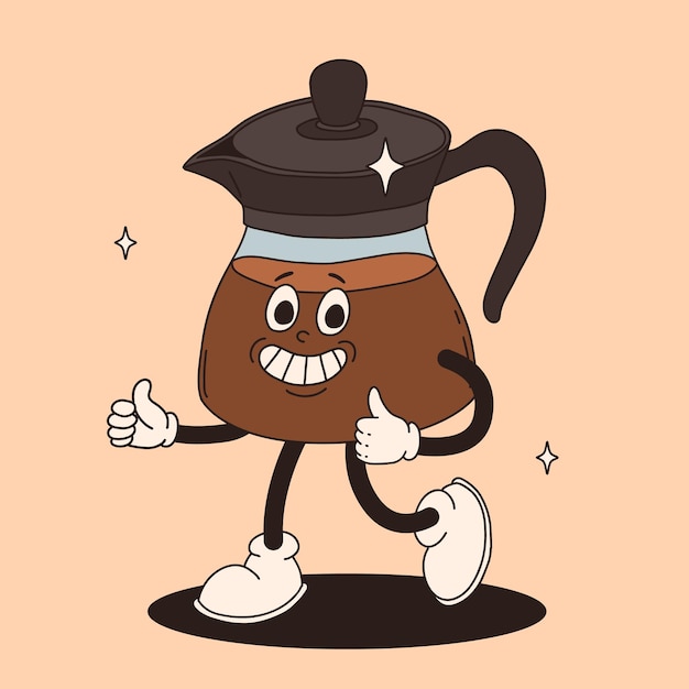 Personaggio di cartone animato funky groovy adesivo di caffè mascotte divertente vintage con sorriso psichedelico