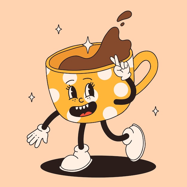 Funky groovy cartoon personage Koffie sticker Vintage grappige mascotte met psychedelische glimlach