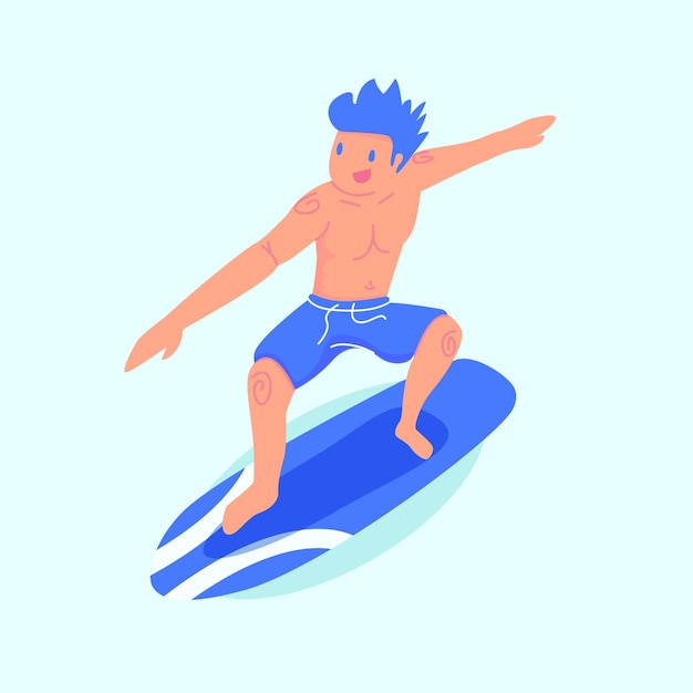 Funky man surfen op een surfplank schattige vectorillustratie