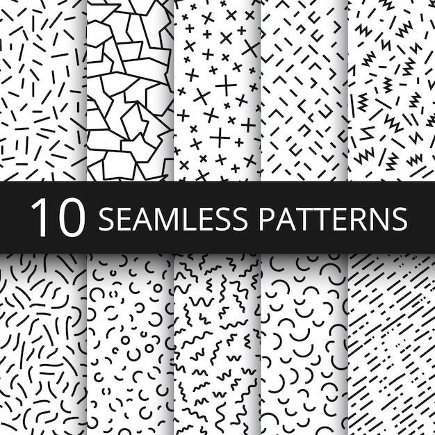 Funky memphis seamless vector patterns. 80s and 90s school fashion black and white texture backgrounds with simple geometric shapes