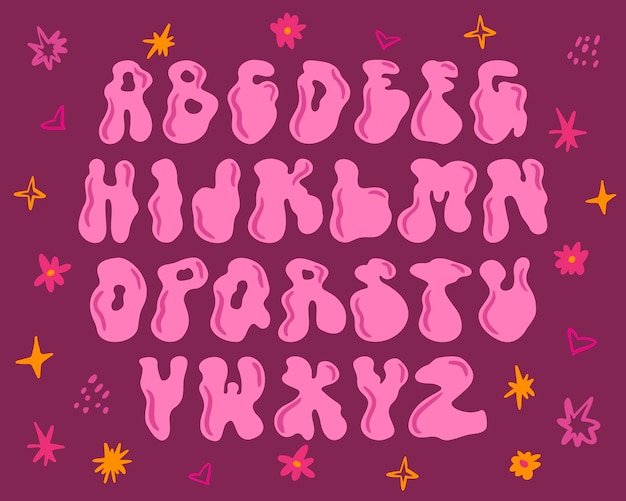 Vector funky rave groovy font from the 60s in psychedelic style vector modern cartoon alphabet