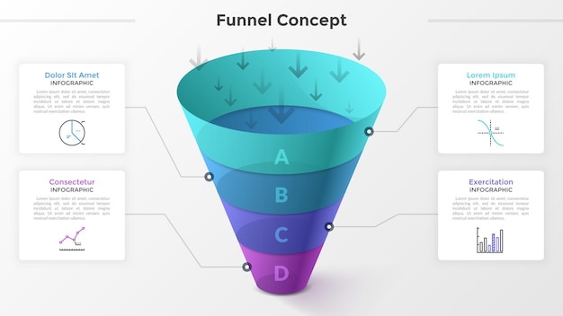 Vector funnel divided into 4 colorful parts, linear symbols and place for text. concept of four stages of startup development. modern infographic design template. vector illustration for presentation