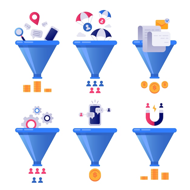 Vendite di generazione di imbuti. generazioni di lead aziendali, imbuti di smistatori di posta e set di ottimizzazione delle vendite di pipeline