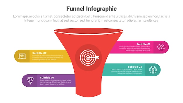 Форма воронки диаграмма шаблона инфографики с большими воронками и круглым прямоугольником описание коробки и 4-точечный шаг творческий дизайн для слайд-презентации вектор