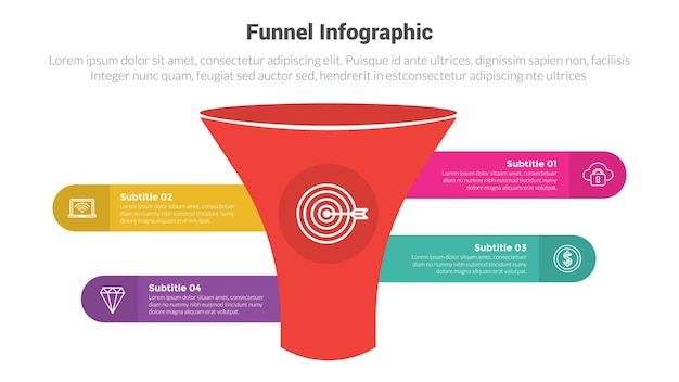 Vector funnel shape infographics template diagram with big funnels and round rectangle box description and 4 point step creative design for slide presentation vector
