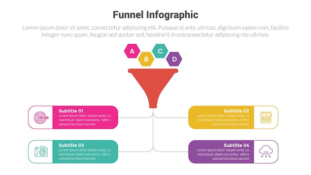 Vector funnel shape infographics template diagram with funnels honeycomb income and results and 4 point step creative design for slide presentation vector