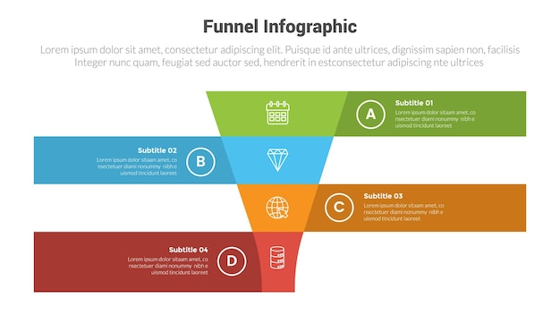 Diagramma modello di infografica a forma di imbuto con imbuto e descrizione di scatola rettangolare e progettazione creativa a 4 punti per la presentazione di diapositive vettoriale