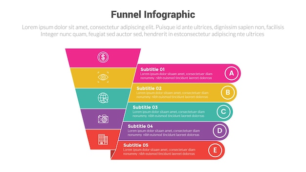 funnel shape infographics template diagram with funnels and round rectangle box as description and 5 point step creative design for slide presentation vector